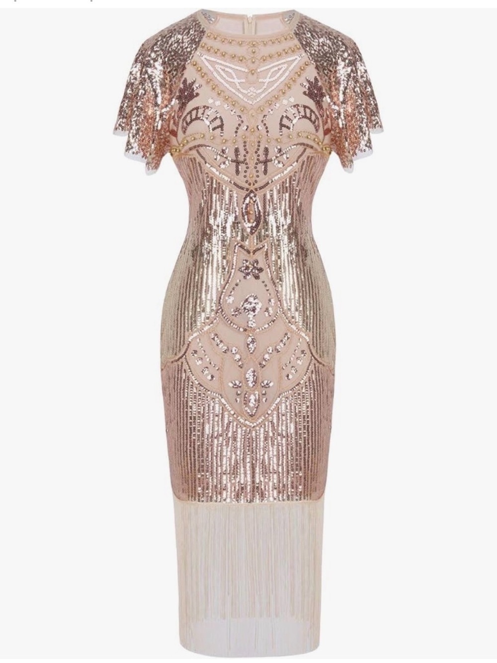 1920’s Flapper Dress Beaded Fringe Midi Dress Rose Gold Size Large NWTS